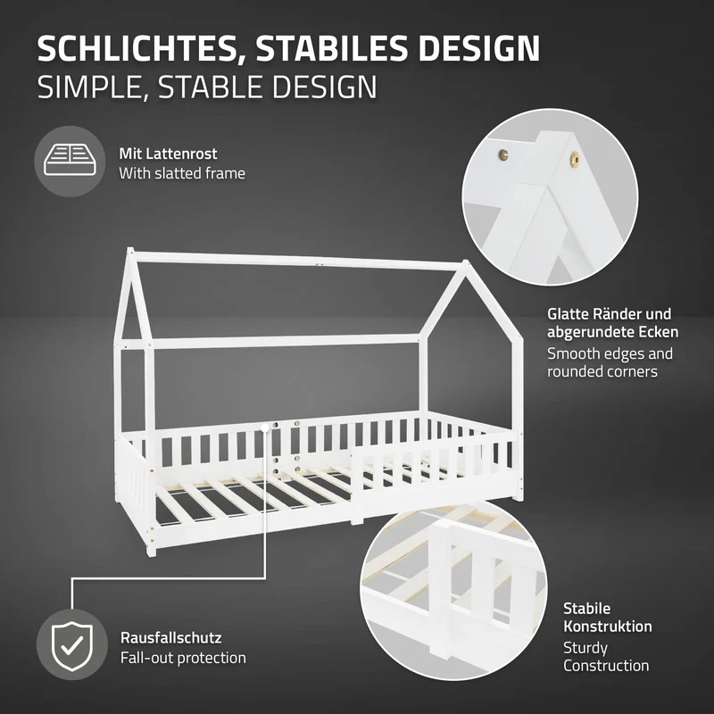 Kinderbett Hausbett 90x200 cm Weiß aus Kiefernholz mit Rausfallschutz Dach und Lattenrost Holzbett ML-Design