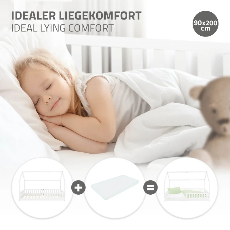 Kinderbett Hausbett 90x200 cm Weiß aus Kiefernholz mit Rausfallschutz Dach und Lattenrost Holzbett ML-Design