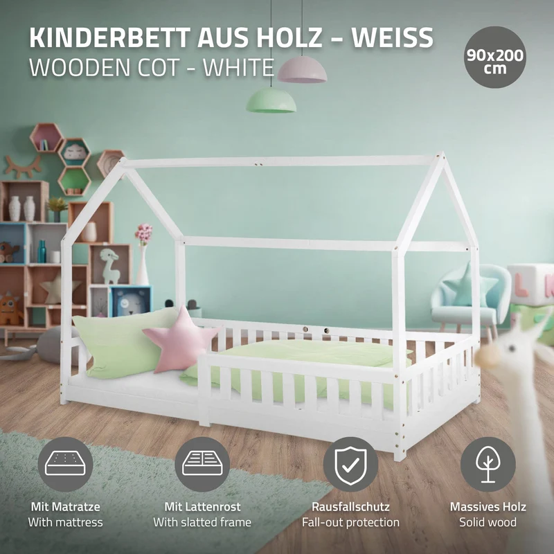 Kinderbett Hausbett 90x200 cm Weiß aus Kiefernholz inkl. Matratze H-10cm Rausfallschutz Dach und Lattenrost ML-Design