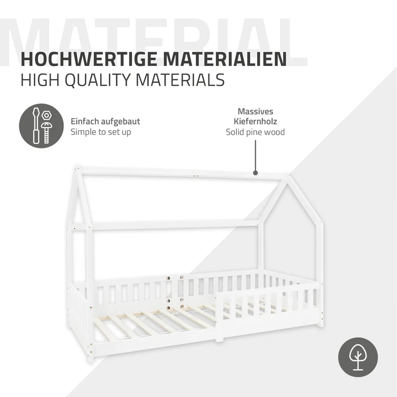 Kinderbett Hausbett 90x200 cm Weiß aus Kiefernholz inkl. Matratze H-10cm Rausfallschutz Dach und Lattenrost ML-Design