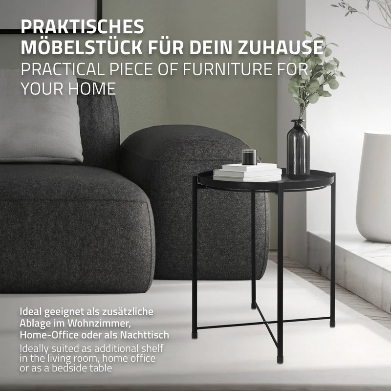B-Ware Beistelltisch rund Ø42x52 cm Schwarz aus Metall mit Tablett ML-Design
