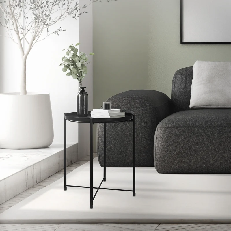 B-Ware Beistelltisch rund Ø42x52 cm Schwarz aus Metall mit Tablett ML-Design