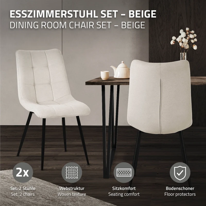 B-Ware Esszimmerstühle 2er Set Beige Küchenstuhl mit Polyesterbezug und Stahlbeinen ML-Design