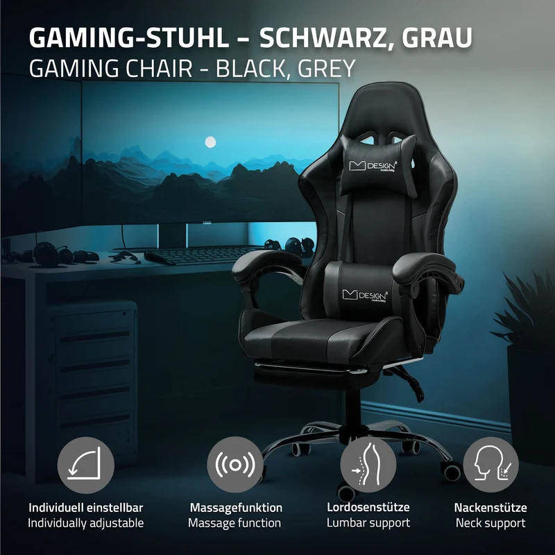 B-Ware Massage Gaming Stuhl Schwarz/Grau aus PU-Leder ML-Design