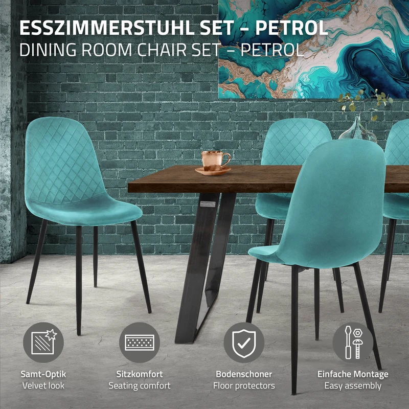 Esszimmerstuhl 4er Set mit Rückenlehne Petrol Küchenstuhl mit Microfaser-Samtbezug ML-Design