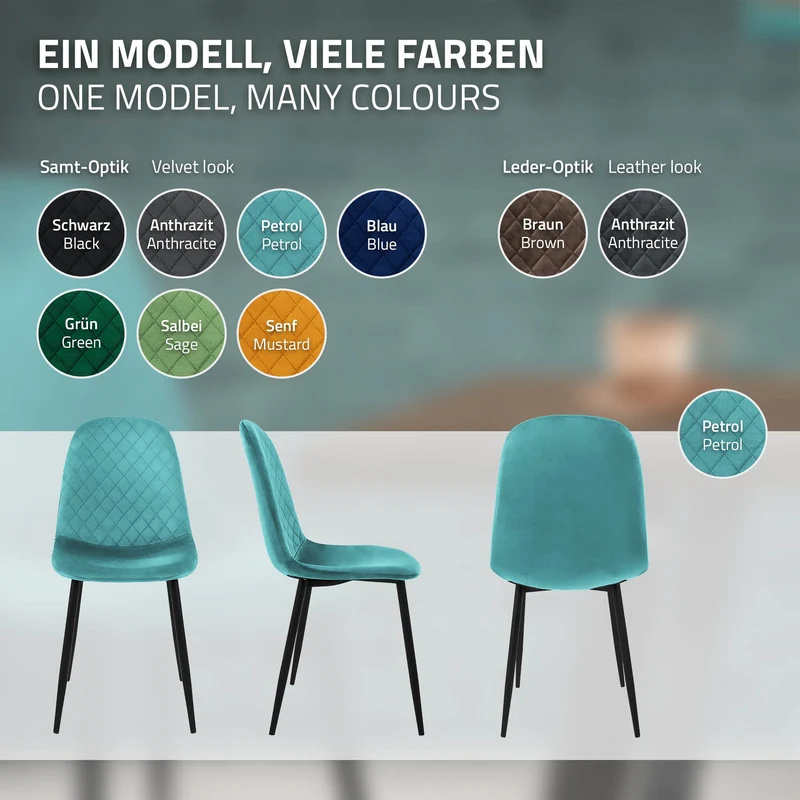 Esszimmerstuhl 4er Set mit Rückenlehne Petrol Küchenstuhl mit Microfaser-Samtbezug ML-Design